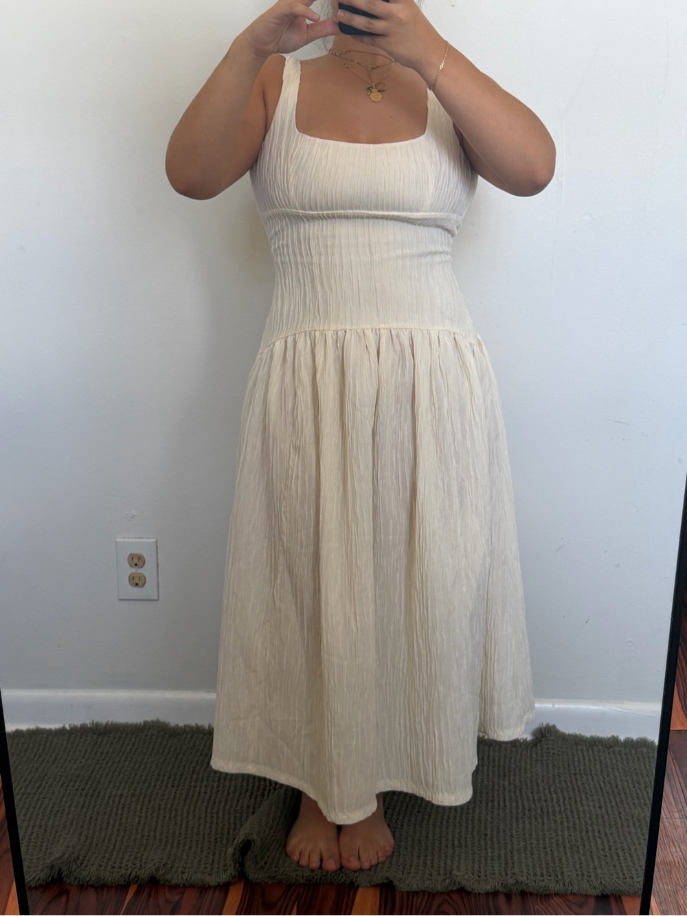 Zara Cream Textured Midi Dress with Square Neck